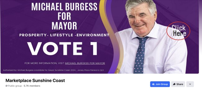 The banner image Michael Burgess is using to promote his mayoral campaign on community pages he manages on Facebook. Picture: Facebook