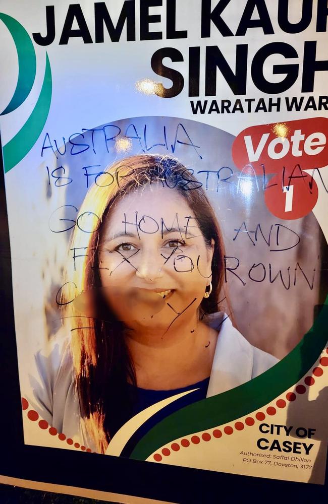 A campaign billboard was covered in racist graffiti weeks out from elections in Melbourne's outer suburbs. Picture: Facebook