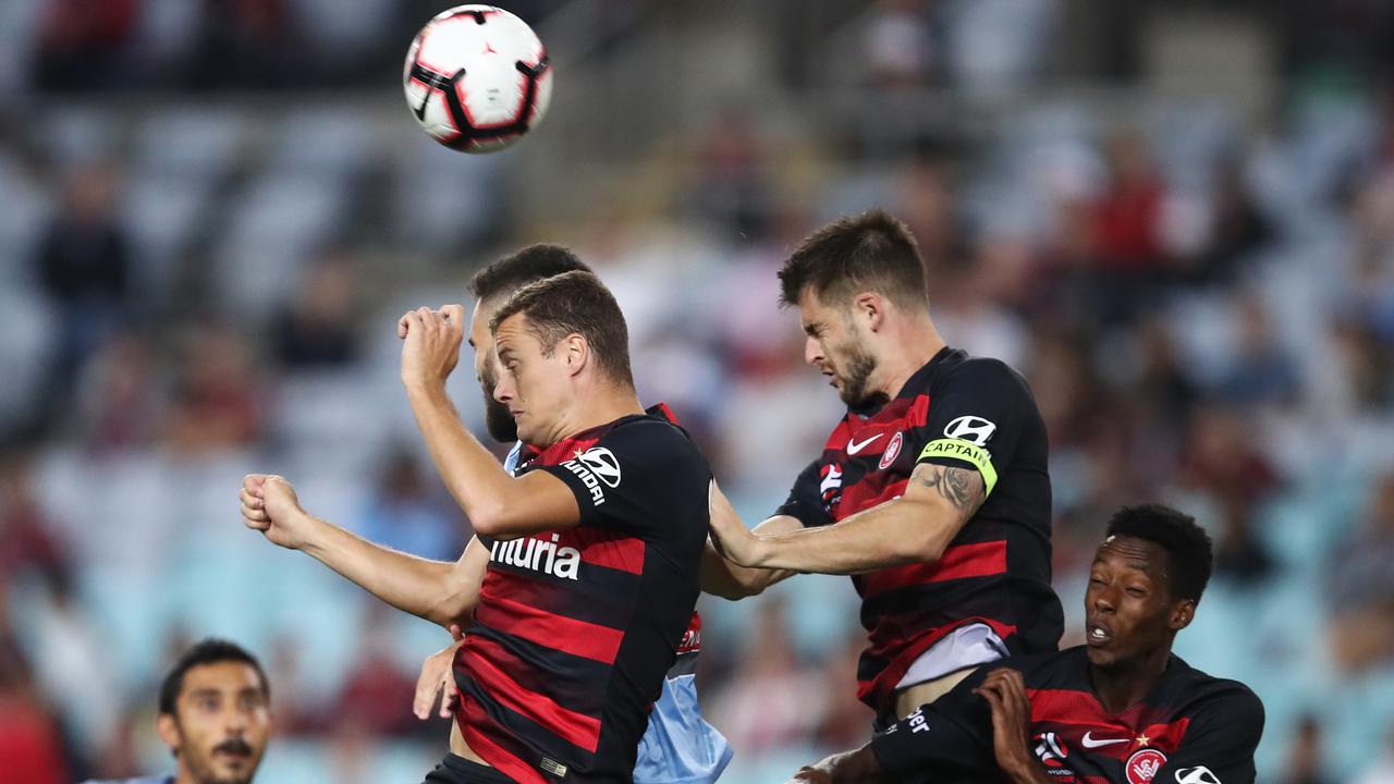 Oriol Riera of the Wanderers heads the ball during the Round 25 A-League match between the Western Sydney Wanderers and Sydney FC at ANZ Stadium in Sydney, Saturday, April 13, 2019. (AAP Image/Brendon Thorne) NO ARCHIVING, EDITORIAL USE ONLY