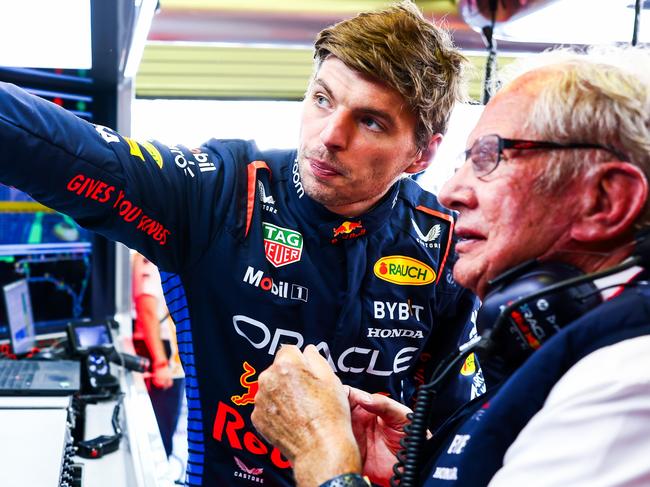 MEXICO CITY, MEXICO - OCTOBER 25: Max Verstappen of the Netherlands and Oracle Red Bull Racing talks with Oracle Red Bull Racing Team Consultant Dr Helmut Marko in the garage during practice ahead of the F1 Grand Prix of Mexico at Autodromo Hermanos Rodriguez on October 25, 2024 in Mexico City, Mexico. (Photo by Mark Thompson/Getty Images)