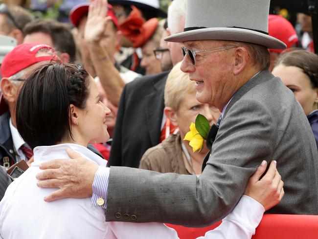 Michelle Payne congratulates Almandin owner Lloyd Williams. Picture Norm Oorloff