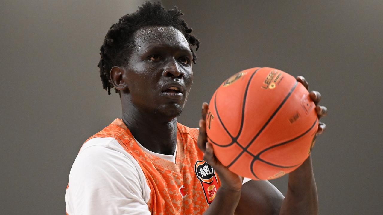 GOLD COAST, AUSTRALIA - SEPTEMBER 12: Jackson Makoi of Taipans shoots from the free throw line during the 2024 NBL Blitz match between Cairns Taipans and Perth Wildcats at Gold Coast Sports and Leisure Centre on September 12, 2024 in Gold Coast, Australia. (Photo by Matt Roberts/Getty Images)