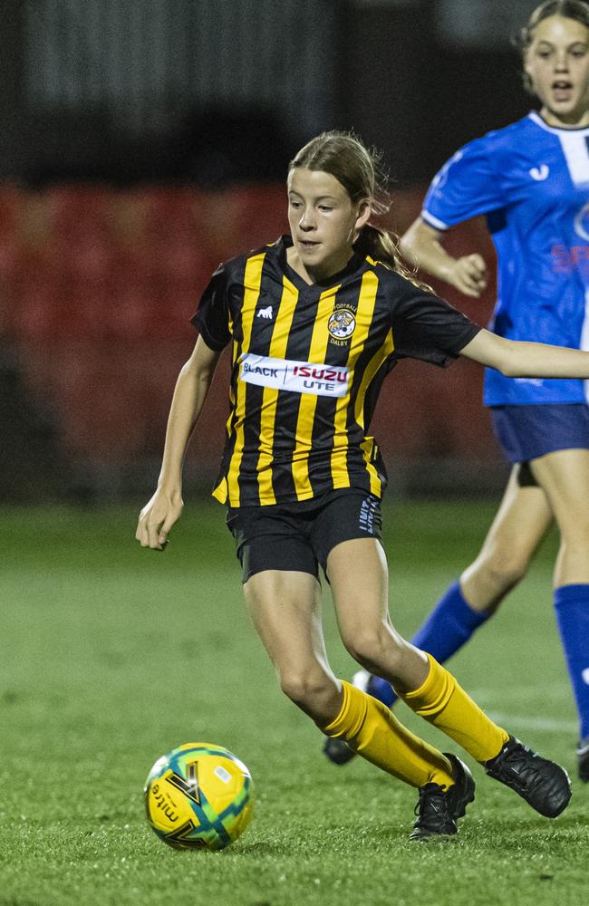 Ruby Alcorn of Football Dalby against Rockville Rovers Blue in Football Queensland Darling Downs Community Juniors U13 Div 1 White grand final at Clive Berghofer Stadium, Friday, August 30, 2024. Picture: Kevin Farmer