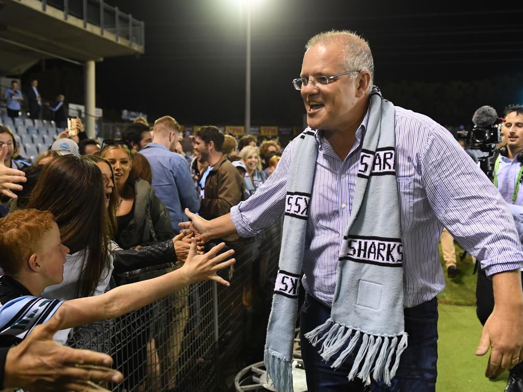 ScoMo mixes with fans of his beloved Sharkies. Picture: AAP Image/Dean Lewins 