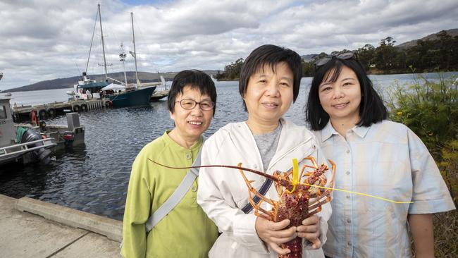 Ying Chen, Yili Chen and Xueqi (Denny) Lu after buying live crays at Margate. Picture: Chris Kidd