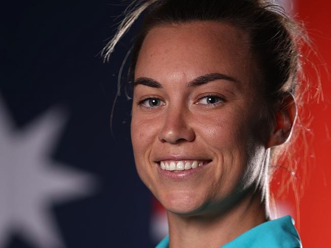 MELBOURNE, AUSTRALIA - JULY 03: Mackenzie Arnold of the Matildas poses during an Australia Matildas portrait session ahead of the 2023 FIFA Women's World Cup at La Trobe University Sports Fields on July 03, 2023 in Melbourne, Australia. (Photo by Robert Cianflone/Getty Images)