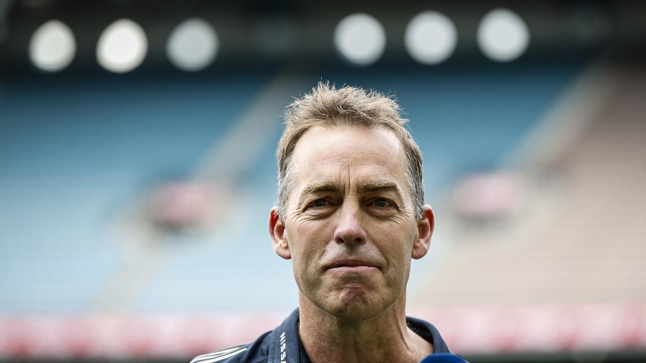 MELBOURNE, AUSTRALIA - AUGUST 21: Hawthorn Senior coach Alastair Clarkson gives a T.V. interview before the round 23 AFL match between Richmond Tigers and Hawthorn Hawks at Melbourne Cricket Ground on August 21, 2021 in Melbourne, Australia. (Photo by Darrian Traynor/Getty Images)
