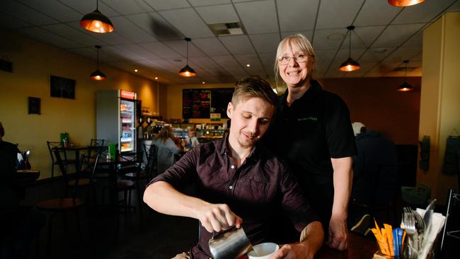 Tom and owner Debbie Delderfield inside the Morphettvale cafe Dee Dee's. Picture: AAP/Morgan Sette