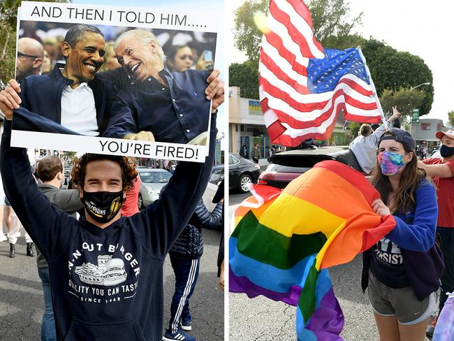 Joe Biden supporters in Los Angeles, California celebrate his victory in the US Election. Pictures: AFP