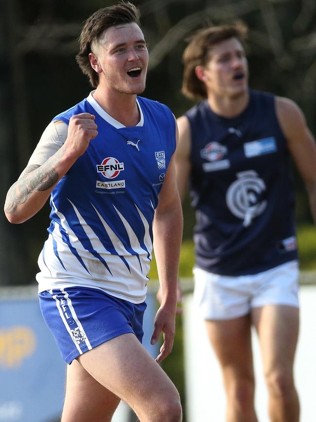 EFL: East Ringwood’s Ben Hickleton celebrates a goal. Picture: Hamish Blair