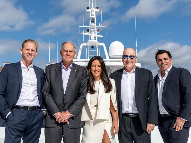 (L-R) Brock Rodwell, Brian White AO, Ellie Malouf, Rick Rodwell and Ian Malouf on Ahoy Club’s superyacht Mischief  in Sydney. Picture: Supplied