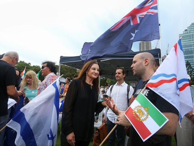 Senator Jacqui Lambie is greeted by supporters during a rally against antisemitism. Picture: Lisa Maree Williams/Getty Images)