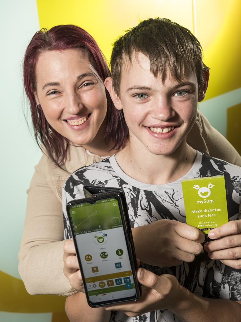 Diabetic patients mum Cassie Peters and son Thomas Peters with the mySugr app. Picture: Kevin Farmer