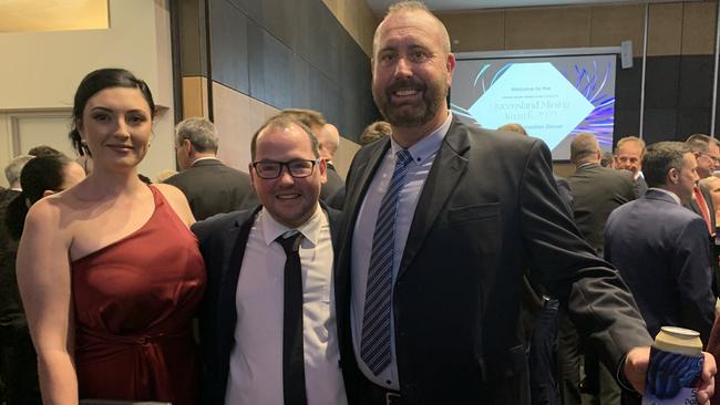 (From left to right) Caitlin Bray, Cale Hutchins and Brendan Platt at the MECC on July 20 for the 2022 Queensland Mining Awards.