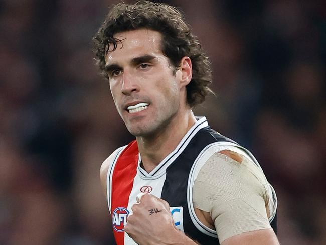 MELBOURNE, AUSTRALIA - MAY 04: Max King of the Saints celebrates a goal during the 2024 AFL Round 08 match between the St Kilda Saints and the North Melbourne Kangaroos at Marvel Stadium on May 04, 2024 in Melbourne, Australia. (Photo by Michael Willson/AFL Photos via Getty Images)