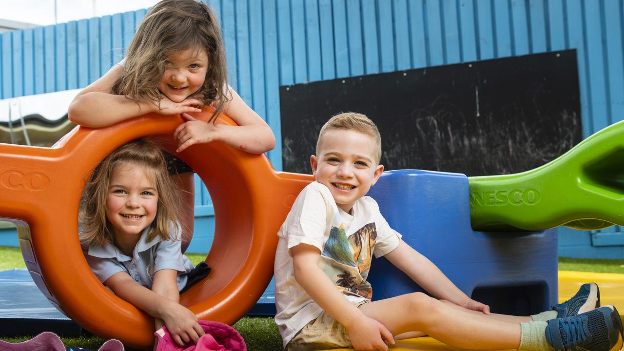 Toowoomba Central Kath Dickson Education and Care Centre Toowoomba pre-Prep students Nina Ward-Pearson (top), Eloise Goos and Leo Sullivan. Picture: Kevin Farmer