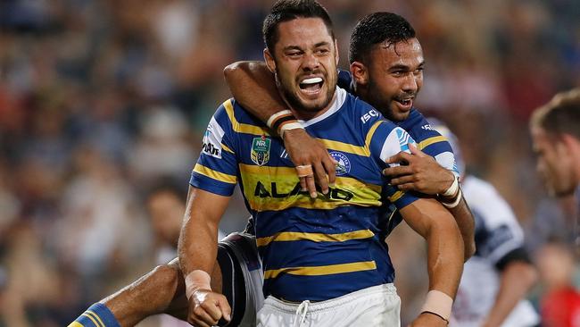 Jarryd Hayne celebrates scoring a try for the Eels. Picture: Getty Images