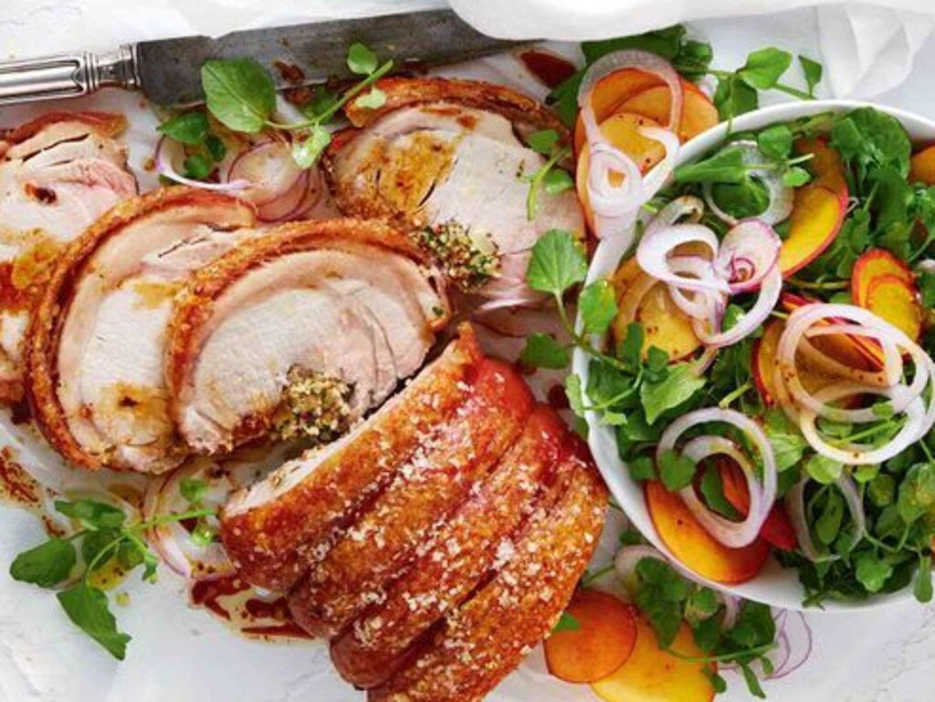 Rolled pork loin with peach and watercress salad.