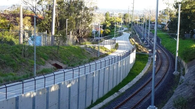 South of Carlingford: The Parramatta to Carlingford cycleway to the left and the light rail line on the right.