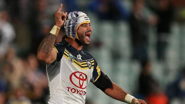 Cowboys Johnathan Thurston celebrates his sides fightback win during NRL match Parramatta Eels v Nth Queensland Cowboys at Pirtek Stadium, Parramatta. pic. Phil Hillyard