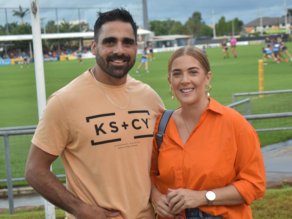 Chris Conway and Nicole Chelepy at the Capras menâ&#128;&#153;s and womenâ&#128;&#153;s season openers at Browne Park, Rockhampton, on March 11, 2023.