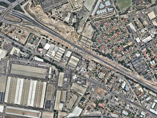 An aerial view of the M4 WestConnex at Homebush. Pic: Nearmap.com.au