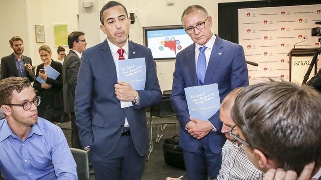 SA Treasurer Tom Koutsantonis and Premier Jay Weatherill at their energy policy launch on Tuesday.