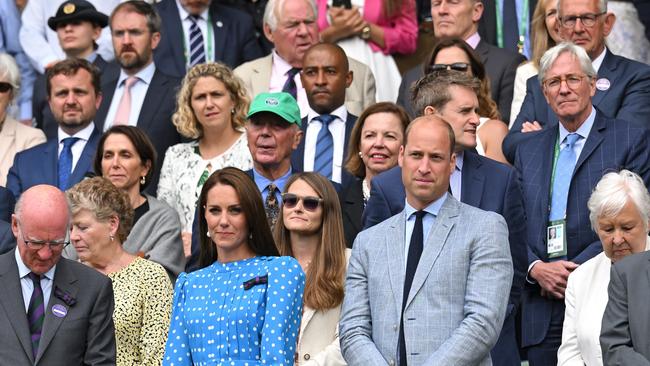 Virgin Australia chief executive Jayne Hrdlicka (third row on the left) behind Catherine, Duchess of Cambridge and Prince William, Duke of Cambridge at day 9 of the Wimbledon Tennis Championships on July 05, 2022. Picture: Karwai Tang/WireImage