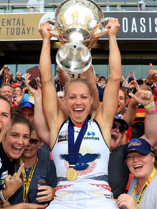 Erin Phillips lifts the AFLW premiership cup after Adelaide defeated Brisbane Lions in March. Picture: Adam Head