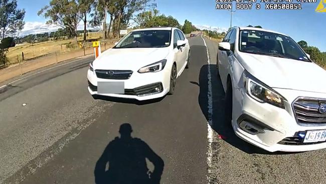 Tasmania Police have released body worn camera footage of a close call in Tasmaniaâ&#128;&#153;s north earlier this year. Supplied: Tasmania Police