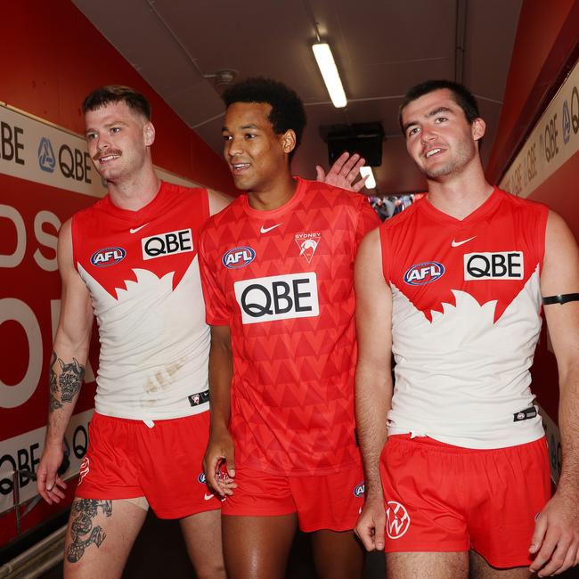 Peter Ladhams, Joel Amartey and Logan McDonald after Sydney’s round 2 win over Hawthorn.