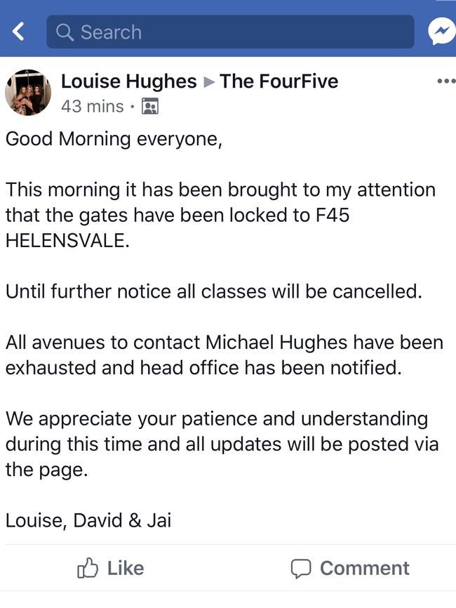 Louise Hughes post into F45 Helensvale's private Facebook page.