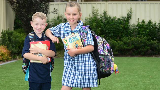 Kane Henkes and his sister Mylee getting ready for the new school year. Picture: Michael Marschall