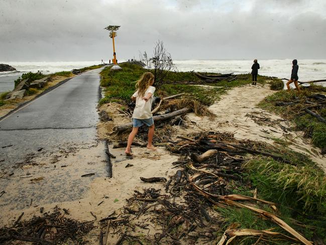 The scene at the Brunswick River mouth – the SES has warned people of deteriorating conditions. Picture: NewsWire / Glenn Campbell