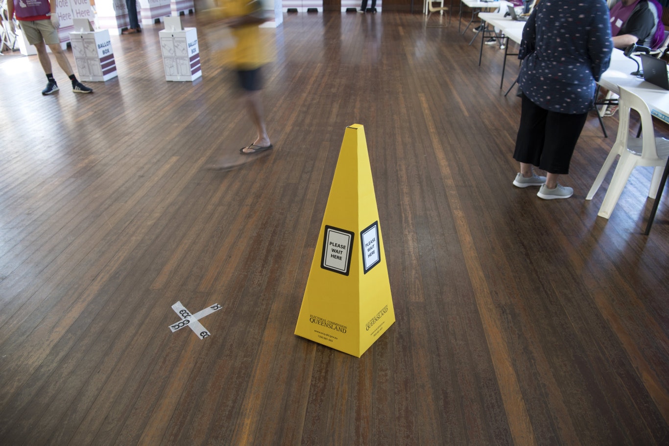 Electoral Commission of Queensland social distancing for COVID-19 is seen at a Toowoomba Regional Council local government election voting booth, Saturday, March 28, 2020. Picture: Kevin Farmer