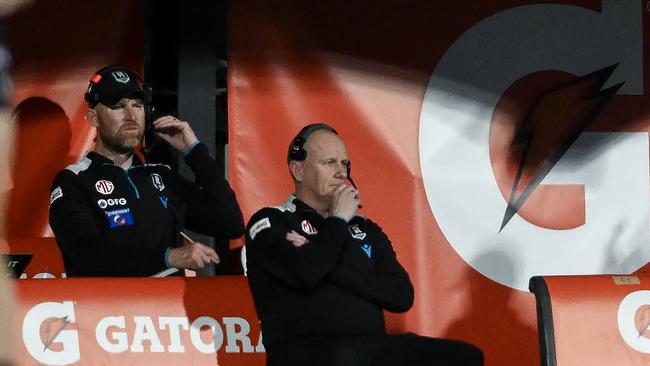 ADELAIDE, AUSTRALIA - SEPTEMBER 05: Ken Hinkley, Senior Coach of the Power during the AFL Second Qualifying Final match between Port Adelaide Power and Geelong Cats at Adelaide Oval, on September 05, 2024, in Adelaide, Australia. (Photo by Mark Brake/Getty Images)