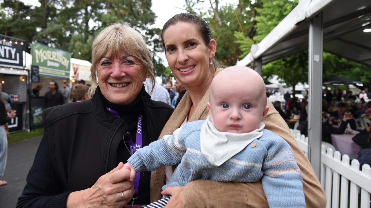 Rosemary Armitage MLC and Tash Ford with Thomas Armitage at Day 2 of Launceston's Festivale 2023. Picture: Alex Treacy