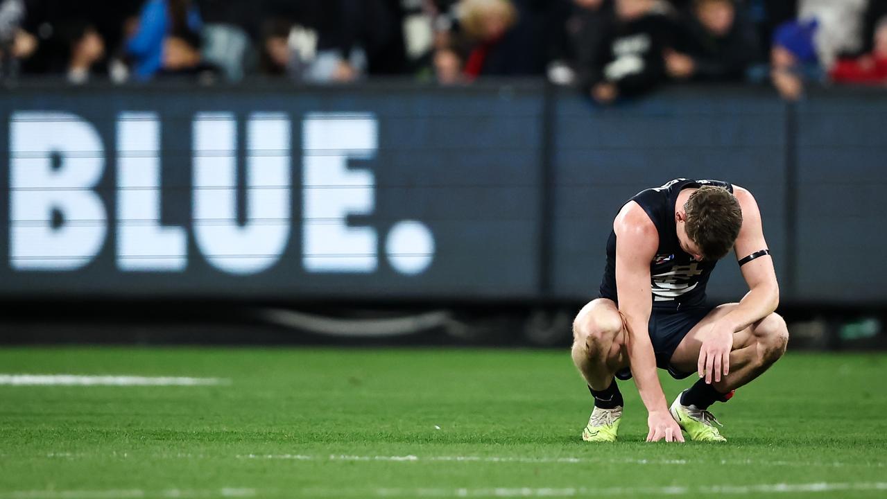 A dejected Sam Walsh after the loss to Essendon. Picture: Dylan Burns/AFL Photos via Getty Images