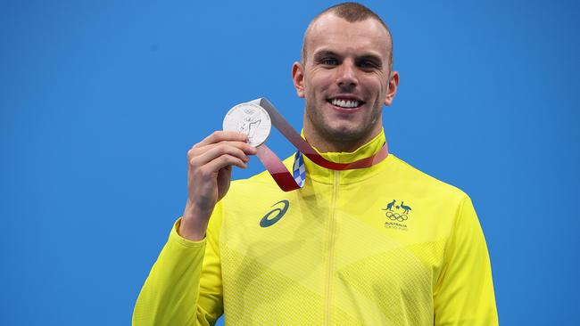 Kyle Chalmers with his silver medal from the Men’s 100m Freestyle at Tokyo. Picture: Tom Pennington/Getty Images