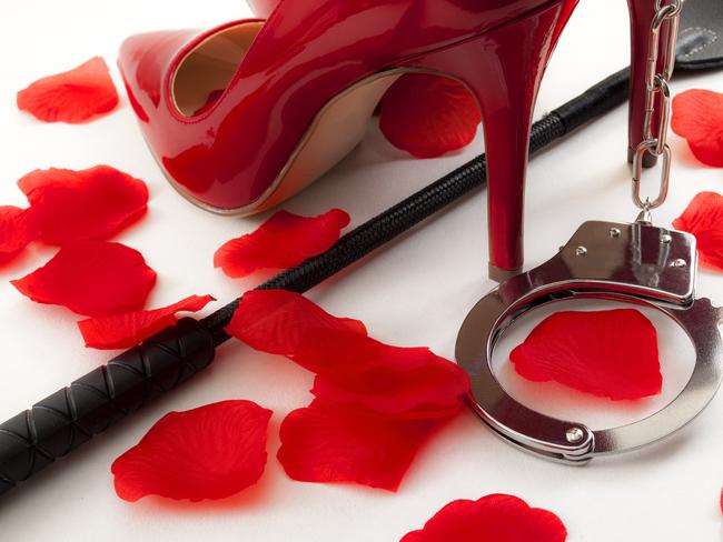 Kinky sex and BDSM games concept with a pair of red and shiny high heel stilettos, a leather crop under the shoes, a pair of metal handcuffs and rose petals surrounding the scene