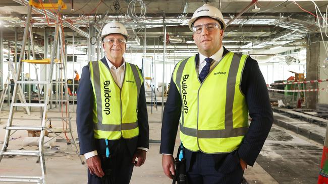 Lifeline Australia chief executive Colin Seery, left, and Buildcorp chief operating officer Jordan Sukkar are teaming up to raise awareness of high suicide rates in the construction sector and to raise funds for mental health support. Picture: John Feder/The Australian