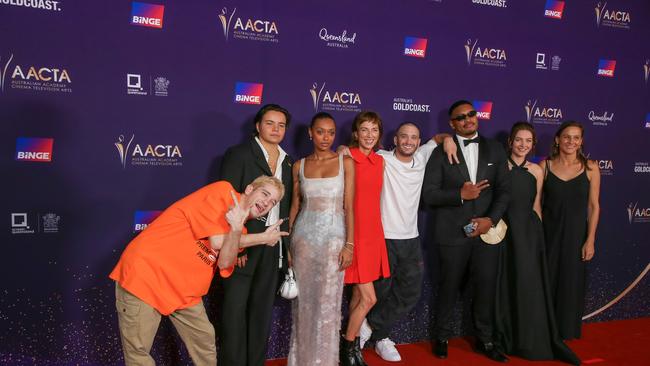 The cast of Talk to me arrive on the Red Carpet at the 2024 Aacta Awards at HOTA on the Gold Coast. Picture: Glenn Campbell