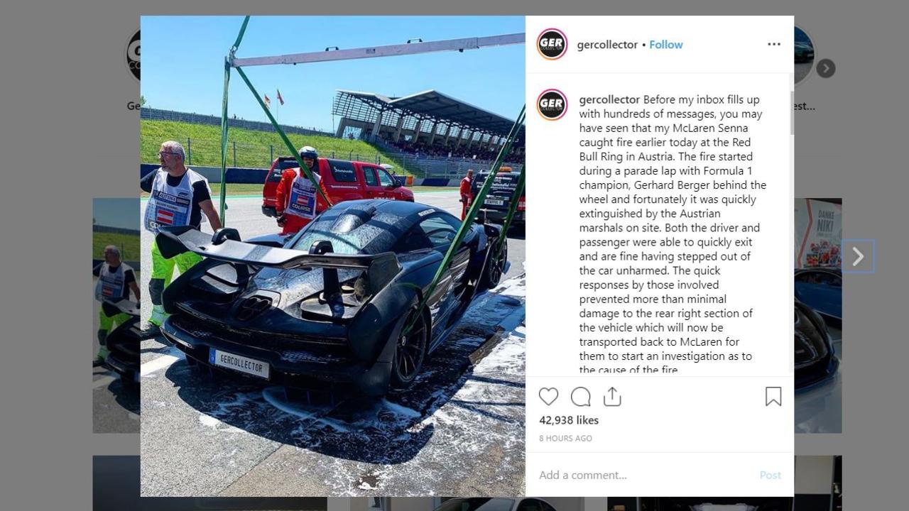 A McLaren Senna caught fire at the 2019 Austrian Grand Prix. Picture: Instagram