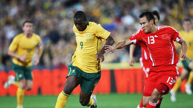 Bruce Djite in action during the Australia v China World Cup Qualifier match at ANZ Stadium, Olympic Park, Homebush, Sydney in 2008