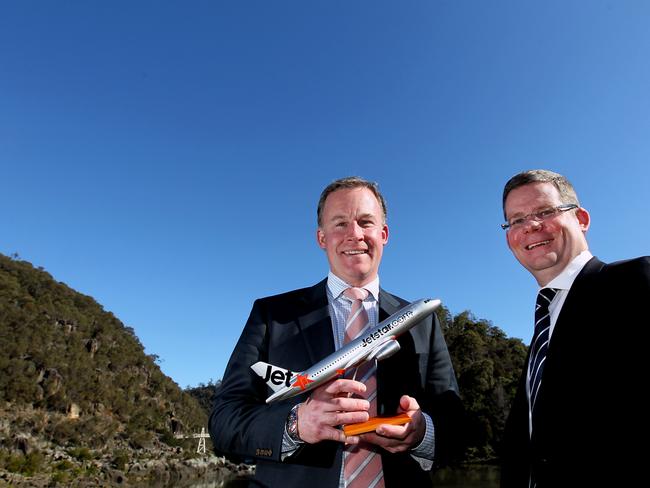 Liberal Candidate for Bass, Sarah Courtney, Premier Will Hodgman and Jetstar Australia and New Zealand CEO David Hall announced extra seats into and out of Tasmania. Pictured here at the Cataract Gorge, Launceston.