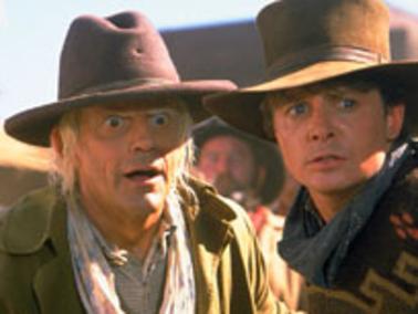 Actors Christopher Lloyd (L) and Michael J Fox from 1990 film 'Back to the Future Part III'.