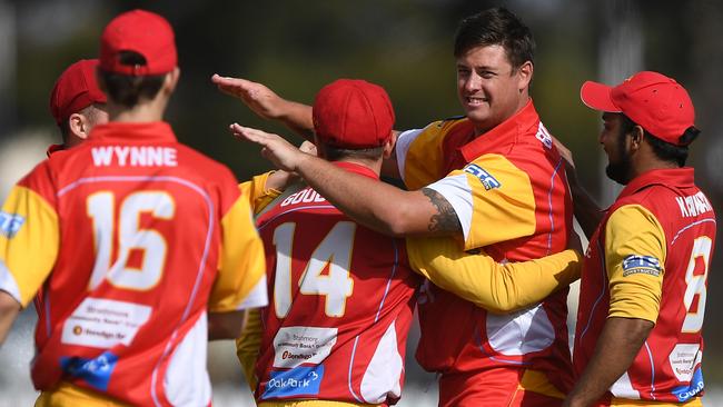 Lucas Williams celebrates a wicket for Glenroy’s First XI. Picture: Julian Smith