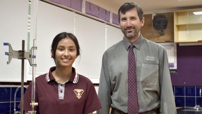 Year 10 Alstonville High science whiz Lauren Singh with head science teacher Allan Pelley.