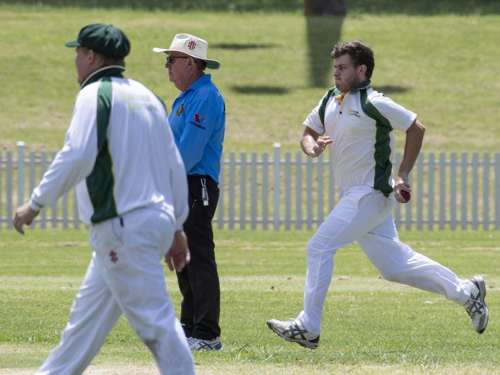 Codey Wegner bowls for Lockyer. Mitchell Shield, Toowoomba vs Lockyer. Sunday, January 23, 2022. Picture: Nev Madsen.