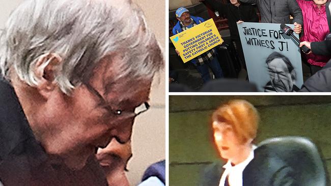 George Pell's appeal into his sex abuse conviction has been dismissed by the Court of Appeal. Main pic: Pell arrives at court this morning. Top right: Anti-sex abuse campaigners celebrate outside the court. Bottom right: Chief Justice Anne Ferguson delivers the judgment.